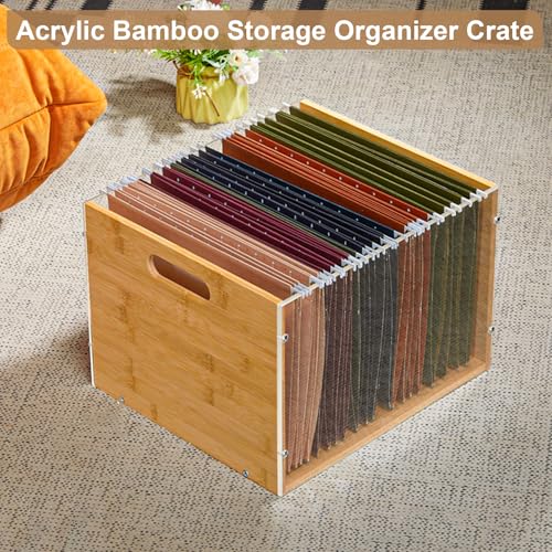 Sbanmao Clear Acrylic File Box Organizer, Bamboo Hanging Folder Storage Boxes, Filing Crate Bin Holder with Handle for Home Office Desk, Letter Size - color: Clear, Natural, size: Letter Size
