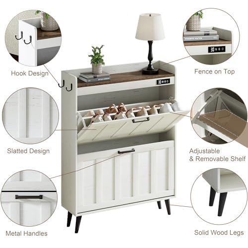 ChooChoo Shoe Storage Cabinet with 2 Flip Drawers, Deodorizing Shoe Organizer Storage for Entryway, Freestanding Hidden Slim Narrow Shoe Rack Cabinet, Antique White & Brown - color: Antique White & Brown, size: 2-Drawers
