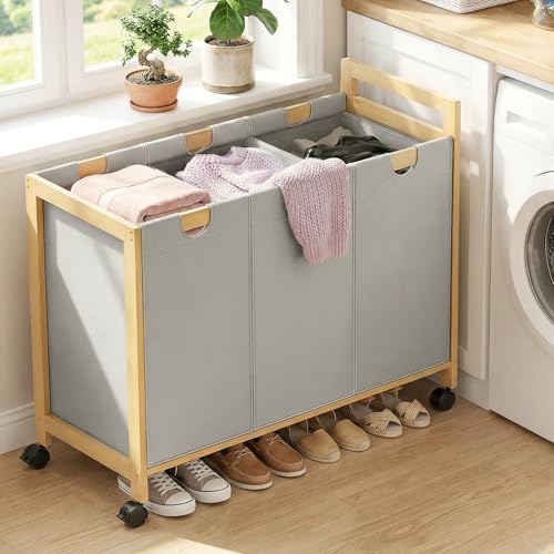 Homykic 250L Laundry Sorter Cart with Wheels, 3-Section Rolling Laundry Basket with Removable Bags, 66 Gal Large Laundry Hamper Organizer, Heavy Duty Bamboo Frame, Water-Resistant, Grey - color: Grey