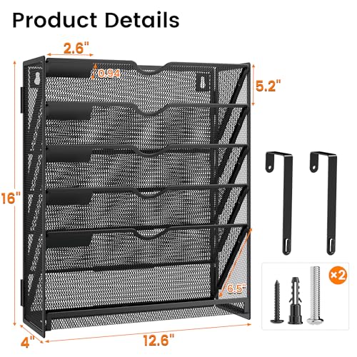 Hanging Wall File Organizer 6-Tier Wall Mount Mail Organizer & Desk Paper Organizer, Sleek Black Metal File Folder Holder for Office, Cubicle, Bedroom | All-in-One Document Storage Shelf - color: Black-1pack