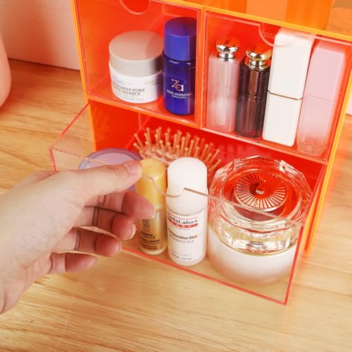 Gelite Desk Organizer with 3 Storage Drawers for Makeup Office Acrylic Desktop Drawer Organizer for Vanity Office Organization and Storage Box, Neon Orange - color: Neon Orange