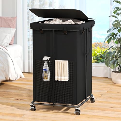 160L Laundry Hamper with Lid, Rolling Laundry Basket with Wheels, Large & Tall Dirty Clothes Hamper with Metal Frame and Removable Bag for Bedroom Aesthetic, Laundry Room, Bathroom, Dorm-Black - color: Black, size: 42GAL