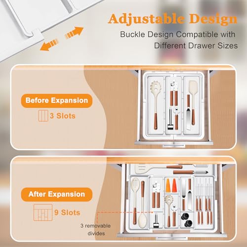 Homecor Kitchen Drawer Organizer Large Expandable Silverware Organizer, Utensil Holder and Flatware Tray, Kitchen Spatula Tools and Gadgets Storage with Removable Knife Blocks and 3 Dividers, White - color: White