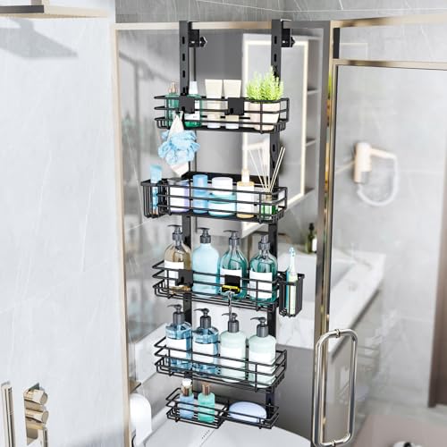 Consumest Over The Door Shower Caddy - 5 Tier Adjustable Shower Organizer Hanging with 2 Toothbrush Holders & 4 Hooks, Rustproof Organizer Shelf, Storage Rack for Bathroom, Black - color: Black, size: 5-Tier