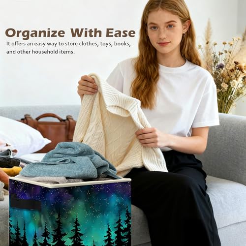 Starry Night Forest Storage Box Bins, Galaxy Star Sky Pine Tree Woods Collapsible Storage Basket Organizer for Bedroom Laundry Room Home Clothes Toys Books, Toybox for Girls Boys - color: Starry Night