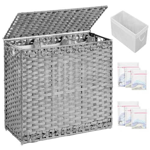 SETVSON Laundry Hamper with Lid Laundry Basket 132 L (35 Gal) Wicker Clothes Hamper, Handwoven Rattan Hamper with Handles and 4 Removable Liner Bags, 6 Mesh Bags for Laundry Bedroom Gray - color: Grey, size: 35.0 Gal