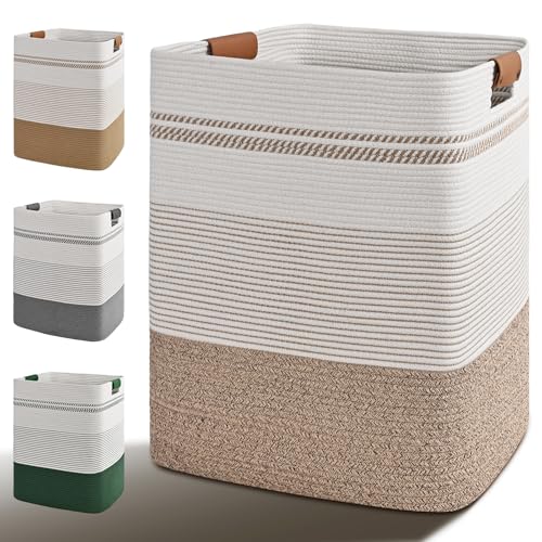 Laundry Hamper, 85L Tall Laundry Basket with Leather Handles, Rectangle Large Clothes Hamper for Organizing, Cotton Woven Laundry Baskets Storage Hampers for Bedroom, Nursery, Living Room - color: Light Brown & White, size: 85L
