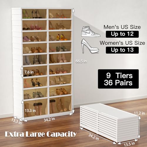 9-Tier Portable Shoe Rack Organizer for Closet, 36 Pairs Shoe Container Bins, Clear Plastic Collapsible Shoes Storage Box, Stackable Sneaker Storage Shoe Cabinet with Door - size: 9 Tiers - 36 Pairs