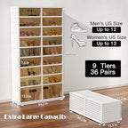 9-Tier Portable Shoe Rack Organizer for Closet, 36 Pairs Shoe Container Bins, Clear Plastic Collapsible Shoes Storage Box, Stackable Sneaker Storage Shoe Cabinet with Door - size: 9 Tiers - 36 Pairs