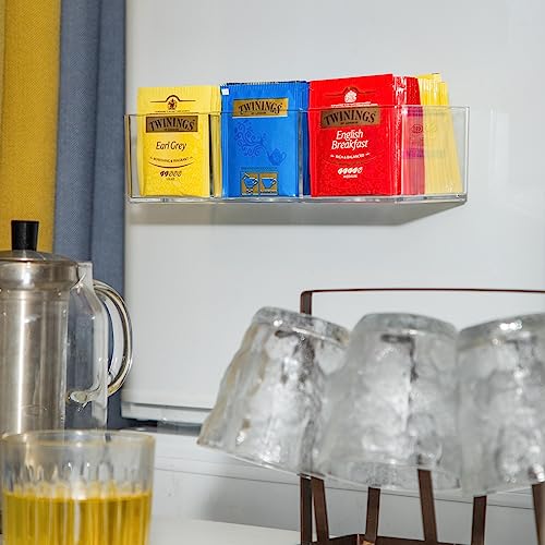 Tea Bag Organizer Holds up to 60 Tea Bags, Tea with 3 Compartments, Adhesive Wall Mount Tea Box Strong Tea bag Holder Hooks for Storage Cabinet and Kitchen Pantry Doors Transparent
