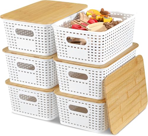 EOENVIVS Storage Bins with Lids 6 Pack, Plastic Storage Basket with Bamboo Lids for Pantry Organization and Storage Containers for Shelves Drawers Desktop Closet Playroom Classroom Office Home, Black - color: Light White