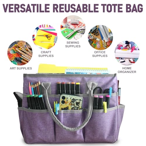 Cupohus Craft Organizer Bag, Art Supply Tote with Multiple Pockets, Portable Sewing Bag for Markers Scissors Brushes, Multi-Purpose Storage Case for Artists Crafters Hobbyists, Lightweight Travel Tote - color: Purple
