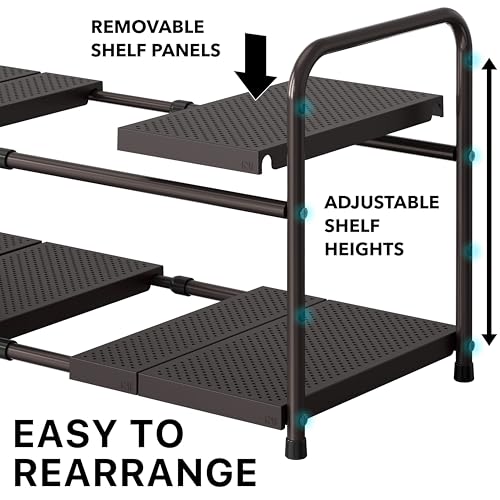 Simple Houseware Under Sink 2-Tier Heavy Duty Expandable Rack Organizer, Adjustable Width 15.75–25 Inches with 4 Shelf Height Levels, Bronze - color: Bronze
