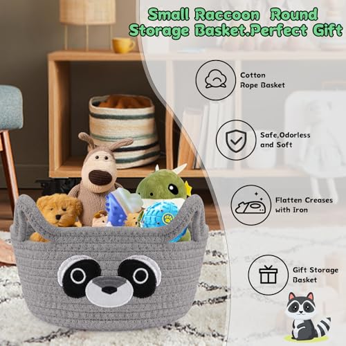Small Storage Basket for Nursery, Raccoon Storage Basket, Round Woven Rope Cotton Storage, Baby Blanket 0rganizer with Ears Handles, Animal Blanket Towel Decor Storage Bins, 8.2"D x 4.7"H in - color: Grey, size: 9"D × 5 "H