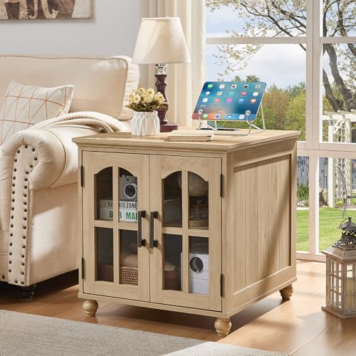 RWYHG Farmhouse End Table with Charging Station,24" Large Sofa Side Table with Glass Barn Door,Rustic Wood Night Stand with Adjustable Storage Shelf,Square Bedside Table for Living Room,Bedroom Office - color: Natural Wood, size: Set 1