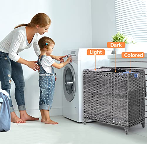 Laundry Hamper with 3 Removable Liner Bags; 132L Handwoven Rattan Laundry Basket with Lid & Heightened Feet; Clothes Hamper with Side Handles; Laundry Sorter with 3 Separate Sections - color: Gray, size: 132L-3 Section
