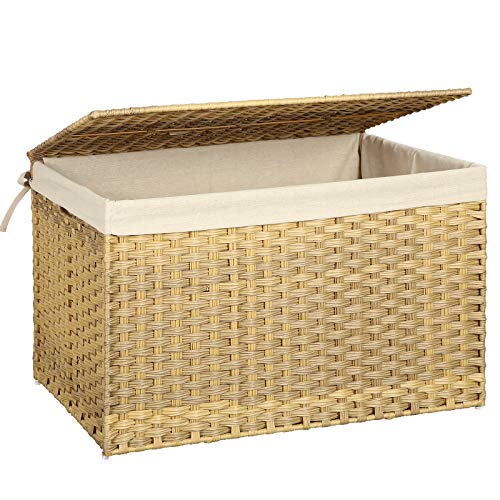 SONGMICS Storage Basket with Lid, Woven Blanket Storage Bin with Handles, Foldable, Removable Liner, Metal Frame, for Bedroom, Laundry Room, 42.3 Gallons (160 L), Natural URST76NL - color: Natural, size: 160 L