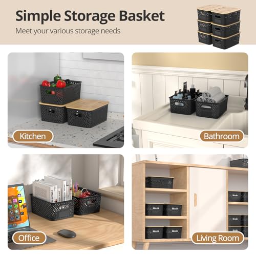 Plastic Storage Bins with Bamboo Lids, Stackable Small Box Baskets for Organizing and Containers for Shelves Drawers Desktop Closet Pantry Classroom Office Home, 6 Pack 10.2x7.2x4.1 Inch, Black - color: Black
