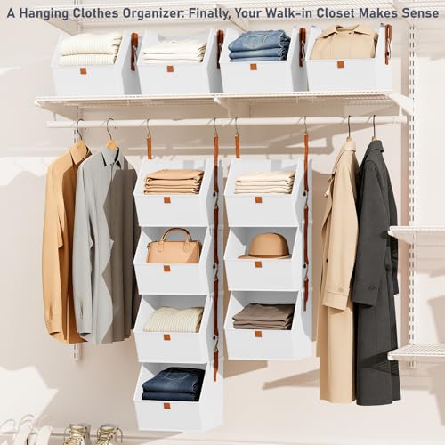 DIMJ Hanging Closet Organizer - 4 Tier Collapsible Hanging Shelves with Hooks Zipper, Fabric Clothes Organizer, Space-Saving Storage Bin Basket for RV, Bedroom, Laundry Organization - color: White, size: 4 Pack