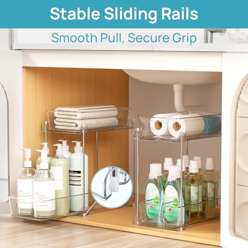 Vtopmart 2 Pack Higher Bathroom Organizer, 2 Tier White Under Sink Organizers Vanity Countertop Storage Container,Cabinet Drawers Bins, Pull-Out Organization with Track for Pantry, Kitchen - color: Transparent, size: S-Higher (2 Pack)