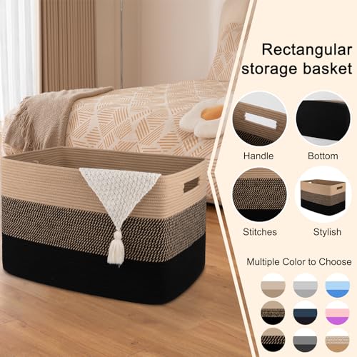OIAHOMY 108L Super Large Blanket Basket, 25”x16”x16” Rectangle Woven Baskets for Storage, Cotton Rope Basket For Living Room, Toy Storage with Handle- Yellow and Black - color: Yellow and Black