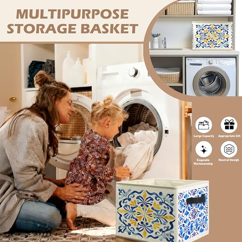 Blue and Yellow Mediterranean Tiles Storage Bin Box with Handles, Vintage Moroccan Floral Foldable Linen Fabric Laundry Basket for Home Bedroom Bathroom Clothes Toys Books - color: Floral-D