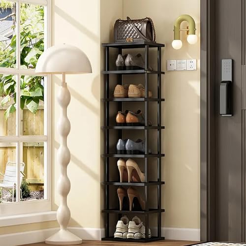 Vertical Shoe Rack - Tall Narrow Shoe Rack Organizer for Small Spaces,12 Tier Bamboo Shoen Shelf for Entryway,Closet,Corner,Doorway,Skinny Shoe Shelf Space Saving Shoe Storage,Free Stackable DIY - color: Black, size: 12-tier