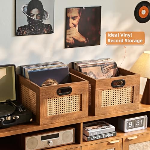 LELELINKY Vinyl Record Storage Crate, Rattan Wooden Record Crate for Vinyls, Vinyl Record Holder with Handle, Multifunctional Records Stand Holder Vinyls Organizer for 75 LPs, Tea Brown - color: Teac Brown, size: 1 Pack