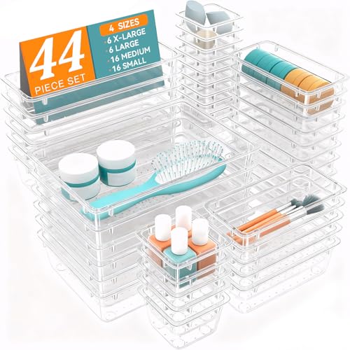 WOWBOX 44 PCS Clear Plastic Drawer Organizer Set, 5 Varied Size storage Bins and Desk Drawer Organizer Tool Trays for Makeup, Gadgets, Jewelry and Utensils in Bathroom, Bedroom and Office, Clear - color: Clear