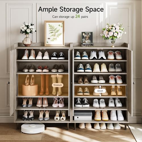 ComfyCorner Grey 7+1 Tier Farmhouse Shoe Storage Cabinet - 45" Tall Entryway Organizer with Cross Molding Doors, 3 Adjustable Shelves & Metal Legs, Shoe Rack for Front Door Entrance - color: Grey