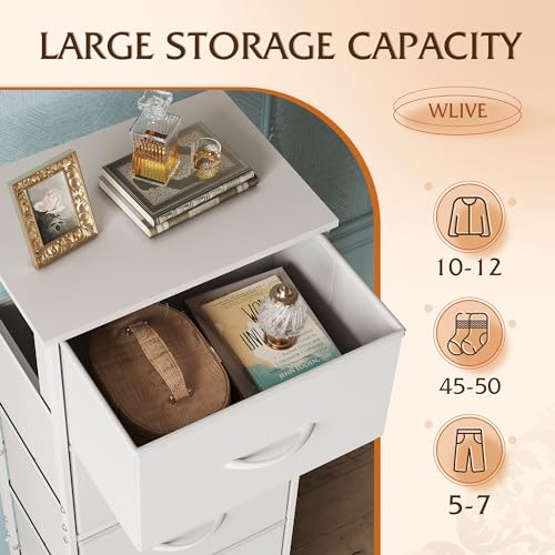 WLIVE Fabric Dresser, 5-Drawer Tall Dressers for Bedroom, Storage Dresser Organizer with Fabric Bins, Wood Top, Sturdy Steel Frame, Chest of Drawers for Closet, Hallway, White - color: White