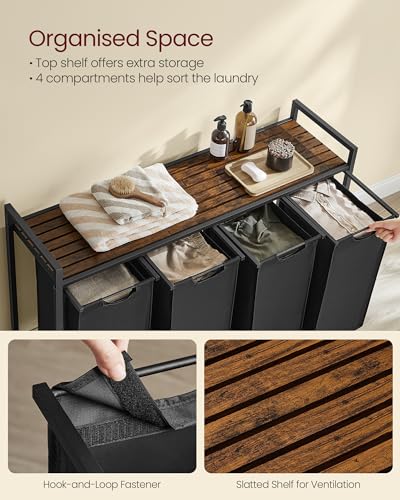 VASAGLE Laundry Hamper, Laundry Basket, Laundry Sorter with 4 Pull-Out and Removable Bags, Shelf, Metal Frame, 4 x 10.6 Gallons (40 L), 45.7 x 13 x 28.4 Inches, Ink Black and Rustic Brown UBLH401B01 - color: Black + Rustic Brown, size: 4 Bags - 160 L
