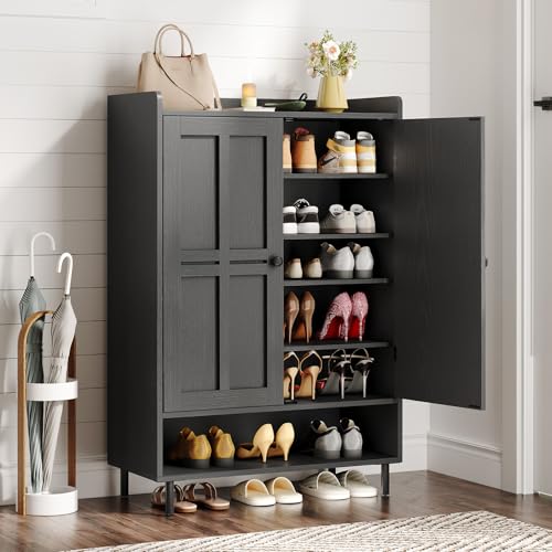 ONBRILL Shoe Cabinet with Cross Molding Doors, 6-Tier Shoe Storage Cabinet with 3 Adjustable Shelves and Metal Legs, 45'' Tall Shoes Rack Organizer Cabinet for Entryway, Front Door, Black - color: Black