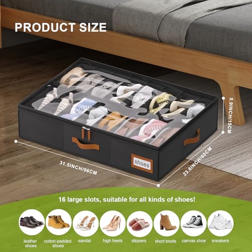 homyfort Shoe Organizer Under Bed, Fits 32 Pairs, Under bed Shoe Storage Boxes with Study Handles and Clear Cover, zapateras organizer for shoes, set of 2 - color: Black, style: Modern
