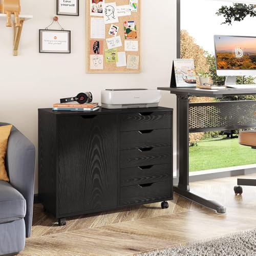 5-Drawer Wood Drawer Cabinet, Office Storage Cabinet with Adjustable Shelf & Wheels, Printer Stand for Home Office, Black, 15.7" D x 30.7" W x 25.4" H - color: Black