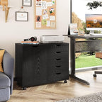 5-Drawer Wood Drawer Cabinet, Office Storage Cabinet with Adjustable Shelf & Wheels, Printer Stand for Home Office, Black, 15.7" D x 30.7" W x 25.4" H - color: Black