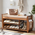 PETKABOO Shoe Bench with Hidden Drawer and Side Holder, 2 Tier Entryway Bench with Storage 39.4 in, Bamboo Shoe Rack with Cushion for Entryway Hallway Living Room Bedroom - size: 39.4 in