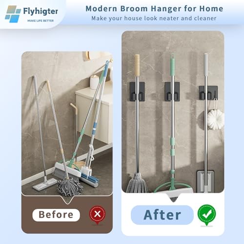 5 Pack Heavy Duty Mop and Broom Holder Wall Mount, No Drill Self Adhesive Stainless Steel Hanger with Hooks, Anti-Slip Tool Organizer for Bathroom, Kitchen, Garage, Laundry Room (5, Black) - color: Black-5