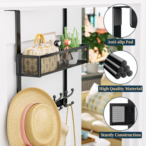 Consumest Over The Door Hooks Organizer - Over Door Hanger with 16 Hooks & 2 Baskets for Hanging Coat, Clothing, Towel, Back Storage for Bathroom, Closet, College Dorm, Black - color: Black-16 Hook 2 Basket, size: 2 Tier