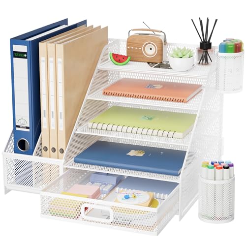 Marbrasse Desk Organizer with File Holder, 5-Tier Paper Letter Tray Organizer with Drawer and 2 Pen Holder,Mesh Desk Organizers and Accessories,Desktop Organizer and Storage for Office Supplies(White)