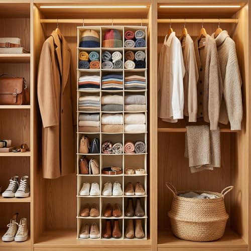 coastal rose Hanging Shoe Organizer for Closet, 30 Sections Hanging Closet Organizers and Storage Shelves Space Saving Shoe Rack Holder, Beige, 17''W×11.5''Dx 48''H - color: Beige