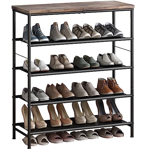 INGIORDAR Shoe Rack Organizer 5 Tier Metal Organizer Shelf with Industrial MDF Board and Layer Fabric for Entryway Closet Bedroom Living Room Garage,Black & Rustic Brown (Black+Rustic Brown, 5 Tier) - color: Black+rustic Brown, size: 5 Tier