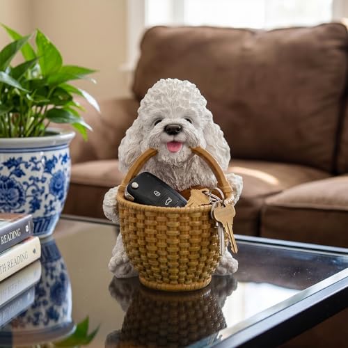 Vanity Jewelry Tray & Ring Holder Dish for Bedroom Dresser Featuring White Poodle Carrying Basket - Dog Figurine Catchall Bowl for Hair Ties & Lipsticks - Elegant French Room Decor - color: Poodle Carrying Basket - White, size: Poodle