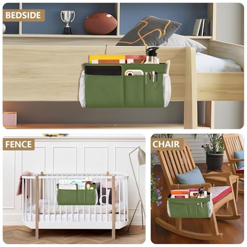 YETTASBIN Olive Green Bedside Caddy Hanging Storage Organizer Bag with 2 Straps & Hooks for Bunk Beds, College Dorm, Hospital Bed - Holder for Books, Phone, Magazine, Glasses, Keys