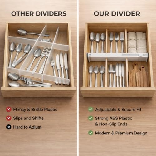 Adjustable Drawer Dividers – Expandable 14.7–21” Drawer Organizer with Non-Slip Ends, Easy Install for Kitchen, Dresser & Closet Storage (“White”)