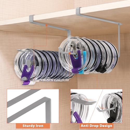 2 Pack Tumbler Lid Organizer, Horizontal Tumbler Lid Storage Hook Up to 20 Lids, Space Saving Cup Lid Holder Under Cabinet Tumbler Lid Hook for Kitchen Organizer, Paper Towel Hanger(Round&Flat, Grey) - color: Gray, size: 2 Pack(Round&Flat)