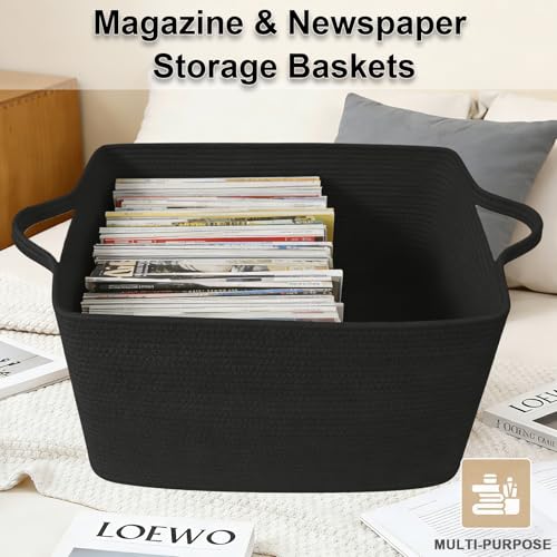 Large Blanket Basket,Woven Rope Basket Storage Bin with Handles,65L Rectangle Laundry Basket for Magazines,Toys,Clothes,Newspaper Shelf Organization,Nursery and Living Room,Black - color: Black, size: 21"x16"x12"(65L)