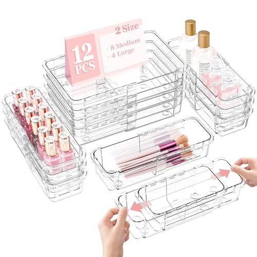 DILIBRA 12 Pcs Clear Extendable Drawer Organizer, Adjustable Drawer Storage 2-Size Desk Drawer Organizer, Plastic Non-Slip Storage Bins for Makeup Cosmetic Jewelries Utensils Stationery Dressers - size: 4Pcs Large + 8Pcs Medium