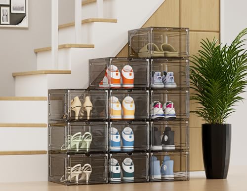 HOMIDEC Shoe Storage, 8 Pack Shoe Organizer Hard Plastic Shoe Box, Shoe Boxes Clear Plastic Stackable, Shoe Boxes with Lids for Size 13 - color: Clear Smoke, size: 8