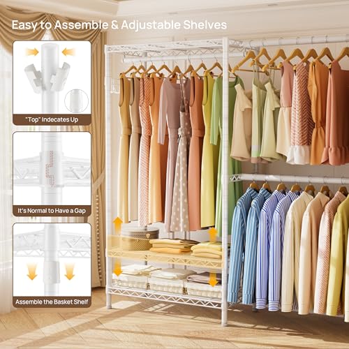 Golpart Heavy Duty Garment Rack Clothes Rack,Large Metal Closet Organizer System Storage Wardrobe,Freestanding Clothing Rack with 9 Adjustable Wire Shelves&3 Hang Rods,MaxLoad 1500lbs White - color: White, size: 15.75"D x (70~88.5)"W x 76.5"H